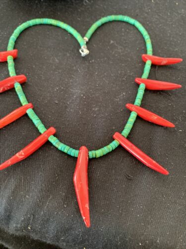 Navajo Turquoise Coral Chili Pepper Necklace | Sterling Silver | Graduated Beads | 20" | 00827