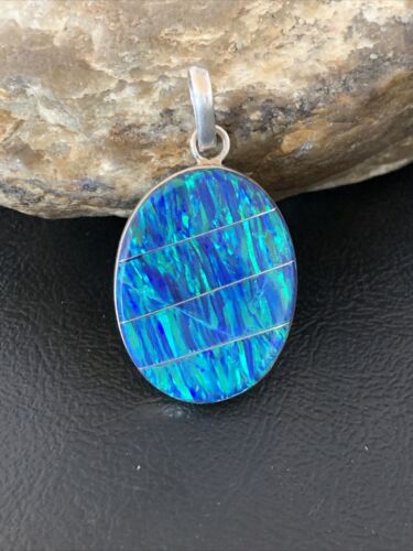 Authentic Native American Navajo Sterling Silver Blue Opal Inlay Pendant | Handmade Jewelry | 13138