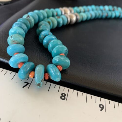 Navajo Natural Turquoise and Spiny Oyster Necklace | Sterling Silver | 25" | Authentic Native American Handmade | 13235