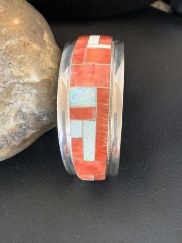 Native American Zuni Red Spiny Oyster Opal Inlay Cuff Bracelet | Sterling Silver | 12096