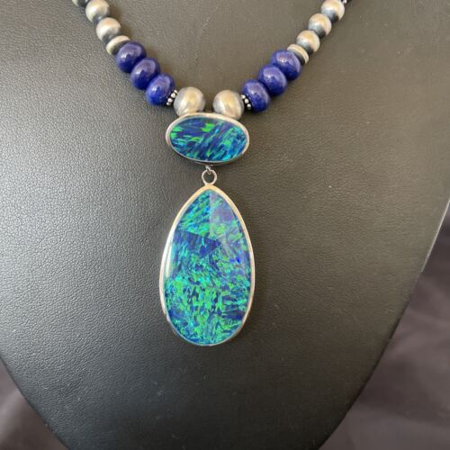 Women's Sterling Silver Necklace | Blue Lapis Bead Opal Inlay Pendant | Multi-Stone | 10584