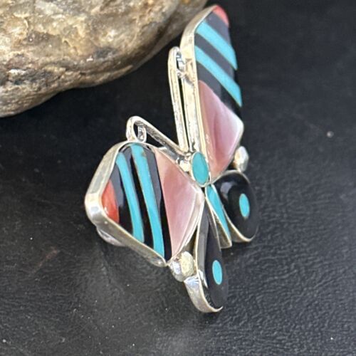 Zuni Butterfly Inlay Ring | Coral Turquoise Onyx Mother of Pearl | Sz 7 | Sterling Silver | 14436