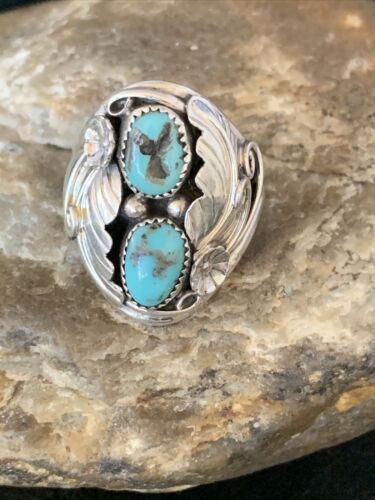 Native Navajo Kingman Turquoise Ring 2 Stone Sterling Silver Sz 10 14173