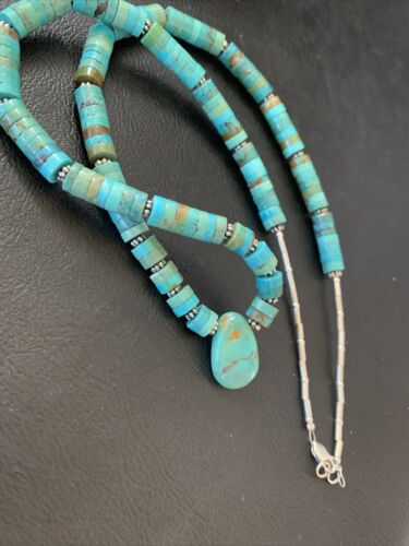 Navajo Green Turquoise Heishi Necklace | Sterling Silver | 22" | Authentic Native American Handmade | 11814