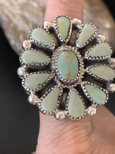 Navajo Women's Green Turquoise Multi-Stone Cluster Ring | Authentic Native American Sterling Silver | Sz 9 | 12194