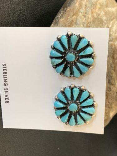 Navajo Blue Cluster Turquoise Stud Post Earrings | Sterling Silver | Authentic Native American Handmade | 12301