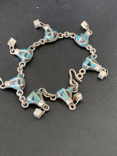 Navajo Blue Turquoise Lapis Inlay Link Bracelet | Sterling Silver | 7" | Authentic Native American Handmade | 12925