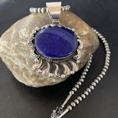 Native American Blue Lapis Pendant Necklace | Navajo Sterling Silver | Authentic Handmade | 14114