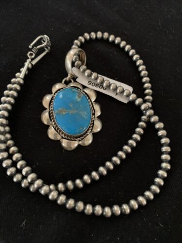 Men's Navajo Pearl Necklace with Blue Kingman Turquoise Pendant | Sterling Silver | 00905