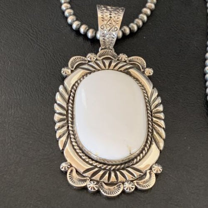 Men's Navajo White Buffalo Turquoise Pendant | Sterling Silver Necklace | Authentic Native American Handmade | 11591