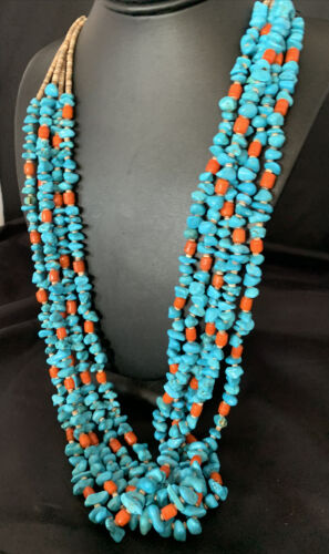 Native American Santo Domingo Spiny Blue Turquoise Shell Jacla Necklace | 5 Strand | 36" | 13194