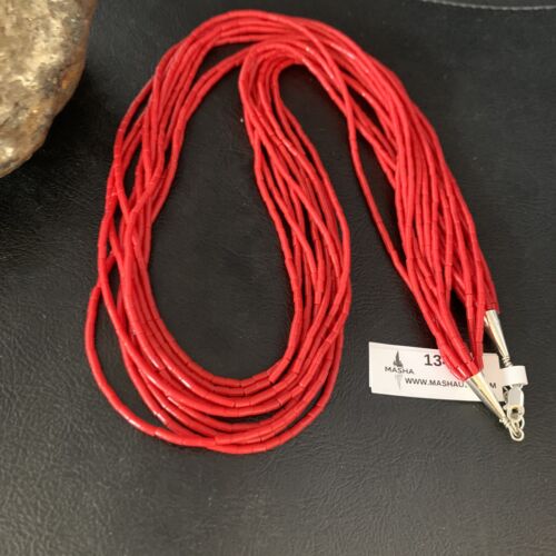 Red Coral Stabilized Heishi 10-Strand Necklace | Liquid Sterling Silver | 24" | 13423