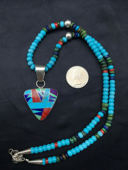 Authentic Native American Sterling Silver Necklace | Blue Turquoise Multicolor Pendant | Navajo Handmade | 21" | 4277