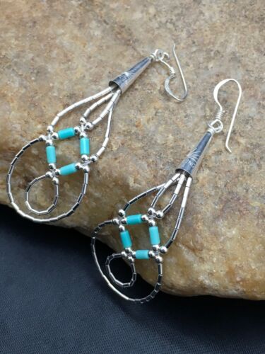 Navajo Blue Turquoise Tube Heishi Dangle Earrings | Sterling Silver | 2" | 3100