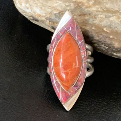 Navajo Red Spiny Oyster Opal Inlay Ring | Sterling Silver | Sz 10 | Authentic Native American Handmade | 12843