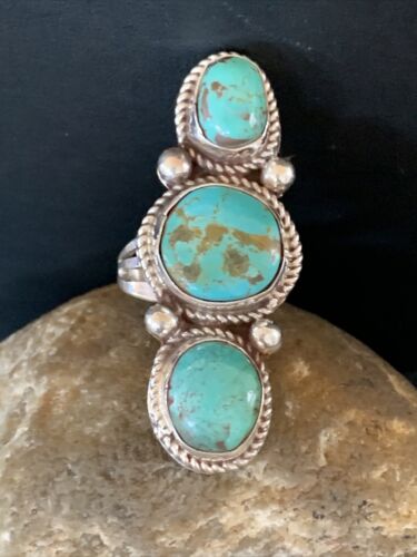 Navajo Sterling Silver Blue Turquoise Ring | 3-Stone | Sz 9 | Native American Handmade | 13615