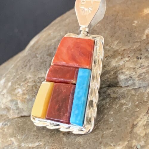 Zuni Yellow Mother of Pearl Turquoise Coral Inlay Sun Face Pendant | Sterling Silver | 2-Sided | 1685