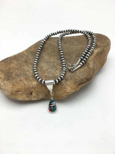 Turquoise Multi-Stone Inlay Pendant | Sterling Silver Bead Necklace 1.75" | Navajo Jewelry 2705