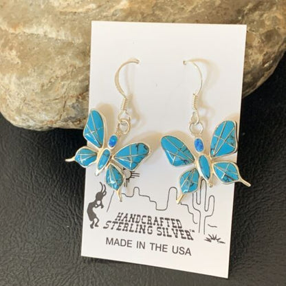 Navajo Blue Turquoise Inlay Butterfly Earrings | Sterling Silver | 0.5" | 12013 - Masha USA