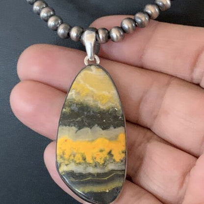 Navajo Yellow Bumblebee Jasper Pendant Necklace | Sterling Silver | Authentic Native American Handmade | 12808