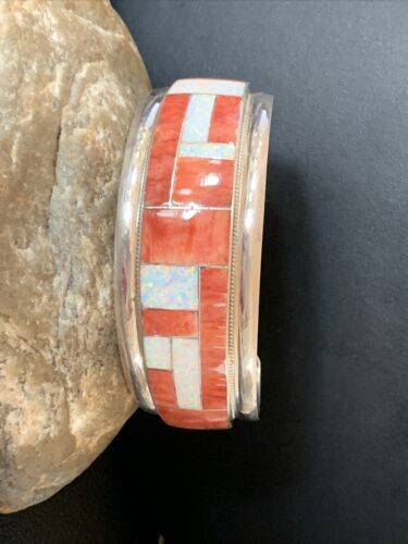 Native American Zuni Red Spiny Oyster Opal Inlay Cuff Bracelet | Sterling Silver | 12096