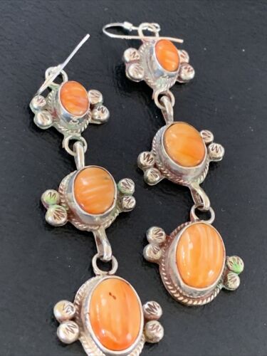 Navajo Orange Spiny Oyster Dangle Earrings | Sterling Silver | Authentic Native American Handmade | 1231