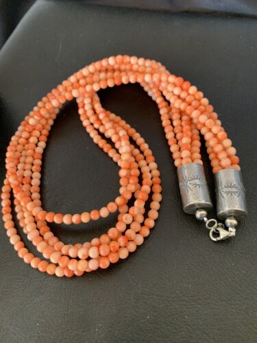 Southwestern Navajo Pink Coral Bead Necklace | 5 Strand | Sterling Silver | 22" | 12509 - Masha USA