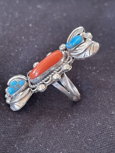 Navajo Kingman Turquoise & Coral Ring | Authentic Native American Sterling Silver | Multi-Stone | Sz 10 | 1292