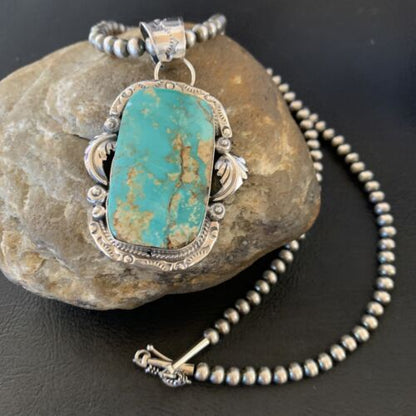 Navajo Pearls Necklace with Blue Royston Turquoise Pendant | Sterling Silver | Native American Handmade | 12289