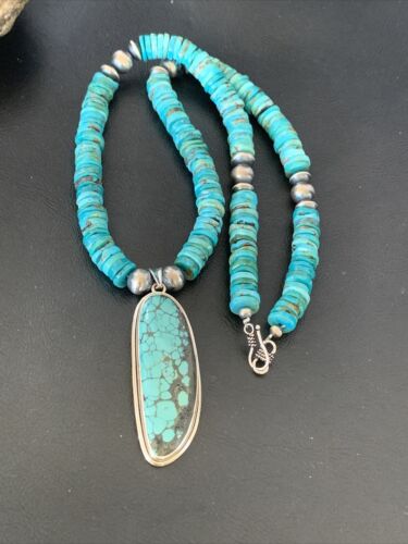 Navajo Pearls Spiderweb Beads Turquoise Necklace Pendant | Sterling Silver | Authentic Native American | Graduated | 22" | 10222