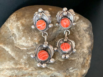Navajo Red Spiny Oyster Dangle Earrings | Sterling Silver | Authentic Native American Handmade | 2063