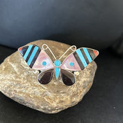 Zuni Butterfly Inlay Ring | Coral Turquoise Onyx Mother of Pearl | Sz 7 | Sterling Silver | 14435