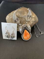Navajo Orange Spiny Oyster Necklace & Earrings Set | Sterling Silver | Authentic Native American Handmade | 2104