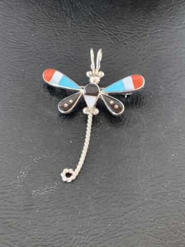 Zuni Turquoise Mother of Pearl Inlay Dragonfly Necklace Pin Pendant | Sterling Silver | 12322