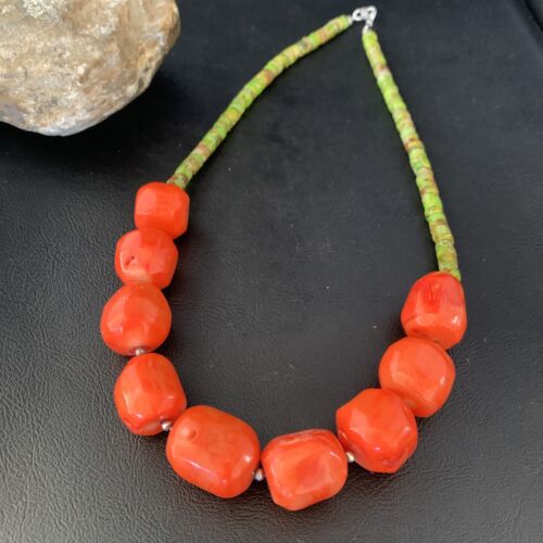 Navajo Green Gaspeite | Coral Pendant Necklace | Sterling Silver | Authentic Native American Handmade | 20" | 13955