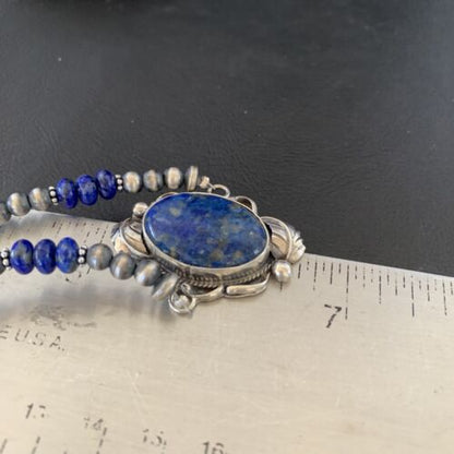Navajo Pearls Necklace with 3 Stone Blue Denim Lapis Pendant | Sterling Silver | Native American Handmade | 10821