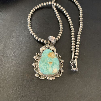 Women's Navajo Pearls Necklace with Green Royston Turquoise Pendant | Sterling Silver | 12291