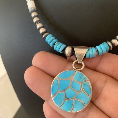 Southwestern Zuni Turquoise Necklace | Sterling Silver Inlay Pendant | Authentic Native American Handmade | 2089