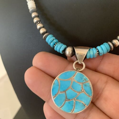 Southwestern Zuni Turquoise Necklace | Sterling Silver Inlay Pendant | Authentic Native American Handmade | 2089