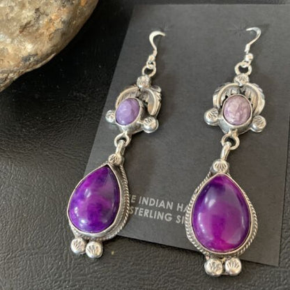 Navajo Purple Sugilite Dangle Earrings | Sterling Silver | 2" | Authentic Native American Handmade | 12902
