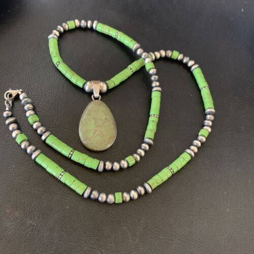 Navajo Green Gaspeite Turquoise Pendant | Sterling Silver | Authentic Native American Handmade | 12286