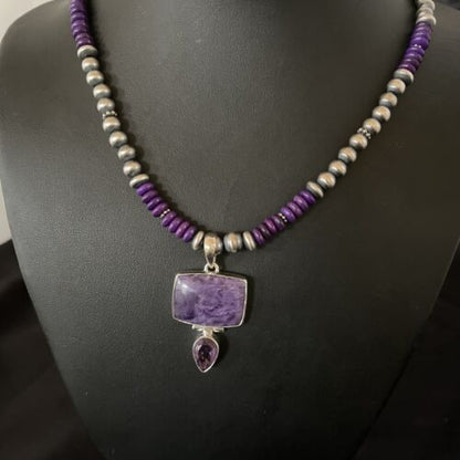Navajo Pearls Necklace with Purple Sugilite Pendant | Sterling Silver | Multi-Stone | 11333
