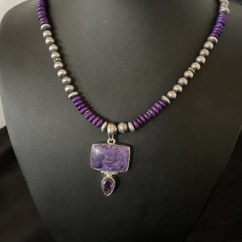 Navajo Pearls Necklace with Purple Sugilite Pendant | Sterling Silver | Multi-Stone | 11333
