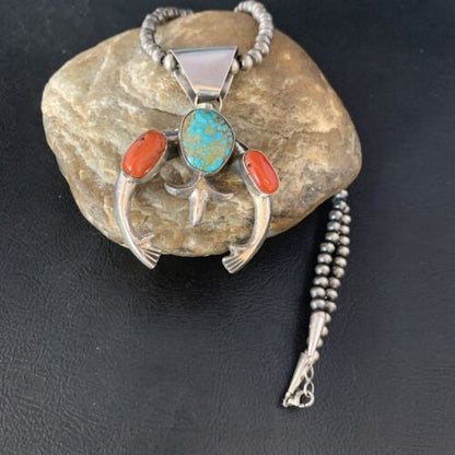 Navajo Pearl Necklace with Royston Turquoise & Coral Naja Pendant | Sterling Silver | 13644