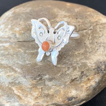 Navajo Orange Spiny Oyster Butterfly Ring | Sterling Silver | Sz Adj 8 | Authentic Native American Handmade | 10351