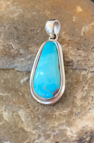 Navajo Blue Bisbee Turquoise Pendant | Sterling Silver | 1" | Authentic Native American Handmade | 1628