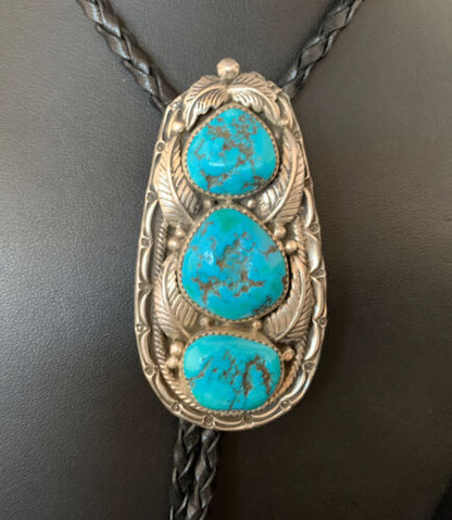 Ultra Rare Navajo Men's Bolo Tie | Blue Kingman Turquoise | Sterling Silver | Authentic Native American Handmade | 13667