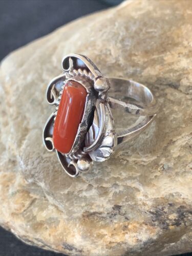 Navajo Red Coral Ring | Sterling Silver | Sz 9 | Authentic Native American Handmade | 01299 - Masha USA