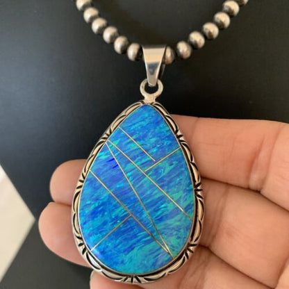 Native American Women's Navajo Blue Faux Opal Pendant | Sterling Silver | 2.30" | 01896
