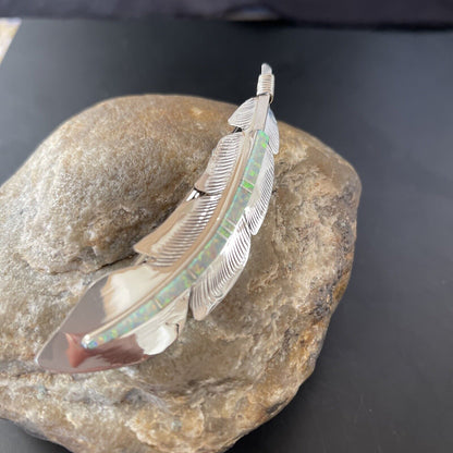 Women's Navajo Sterling Silver Feather Barrette | White Opal Inlay | Handmade | 4" | 2078